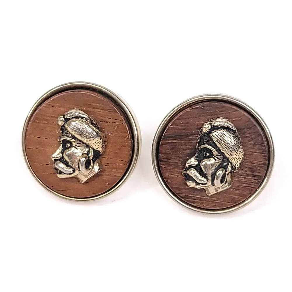 Swank Cuff Links Vintage Gold Tone Large Round Wood Grain Indian Gypsy Head